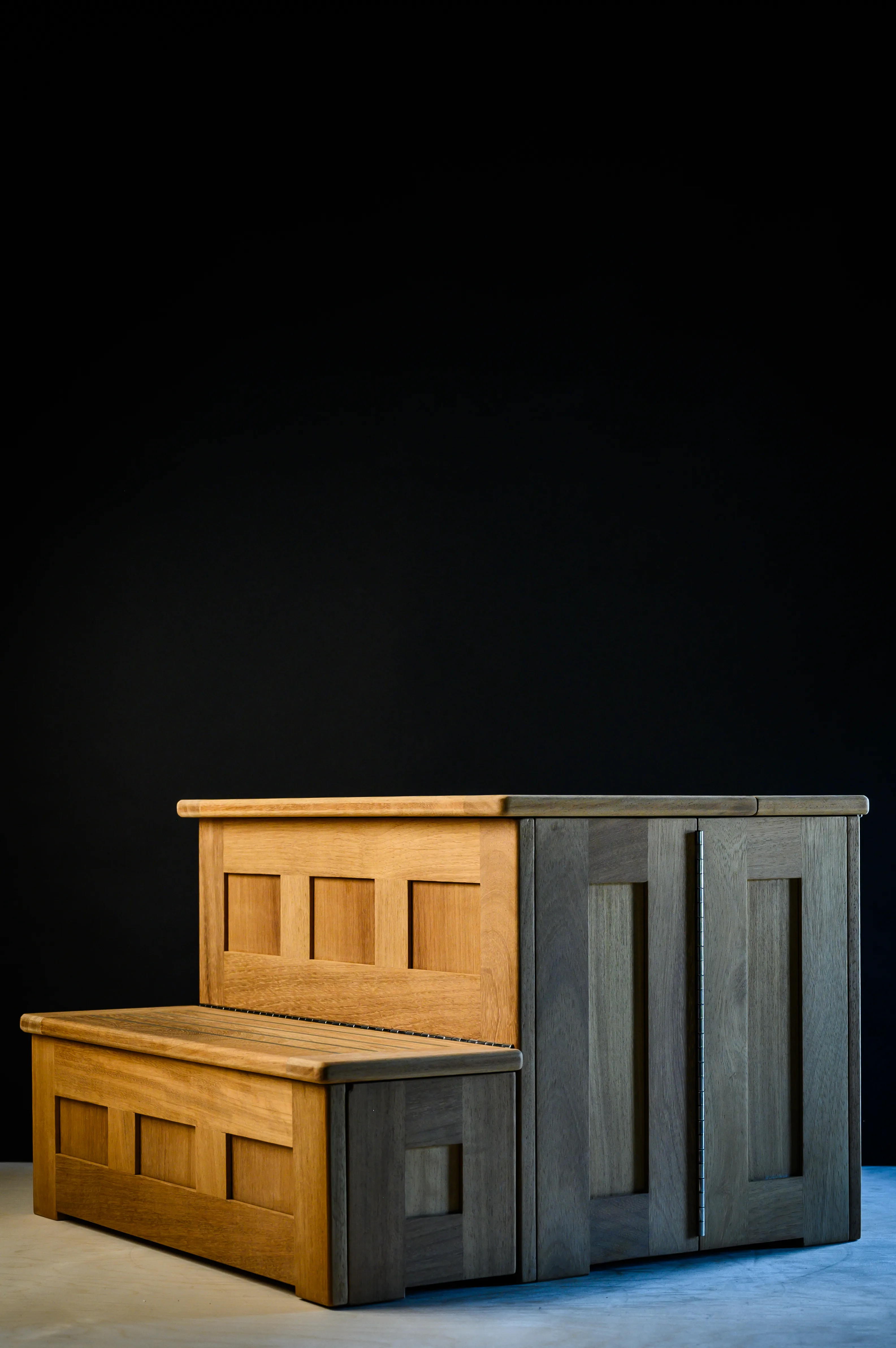 700mm folding dock step deployed - front view showing full scale Iroko construction